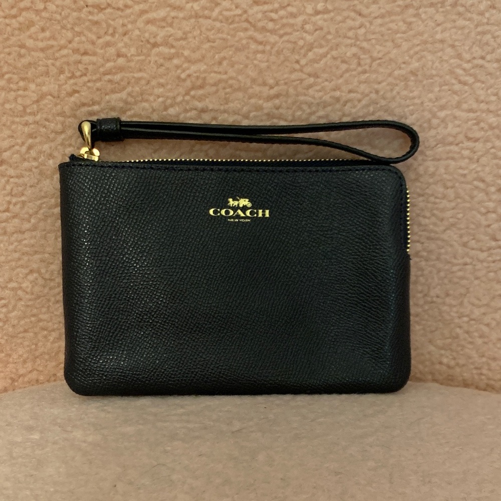 Coach Black Leather Wristlet with Gold Accent